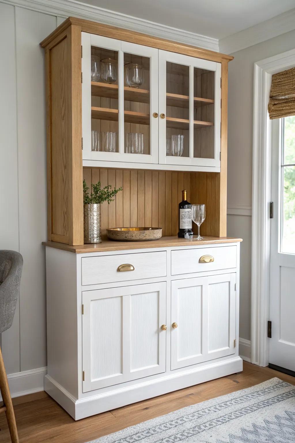 Crisp white shiplap back + warm wood makes a china cabinet bar feel cozy and polished.