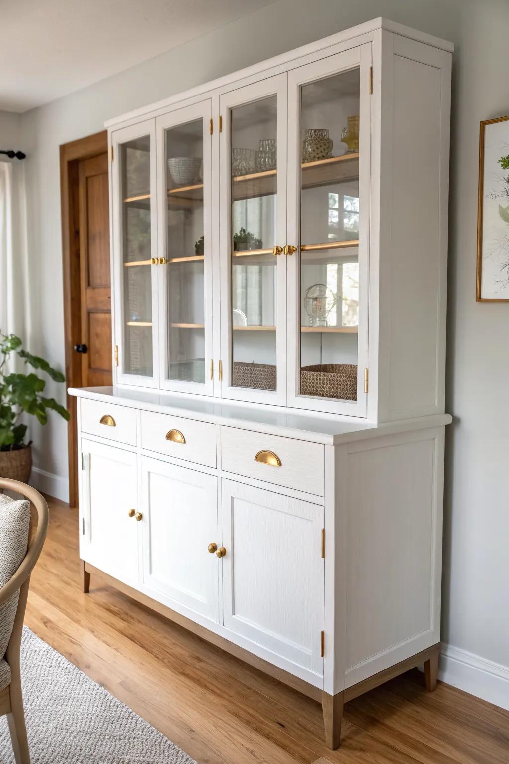 Swap in oversized brass pulls to give a classic china hutch instant modern jewelry.