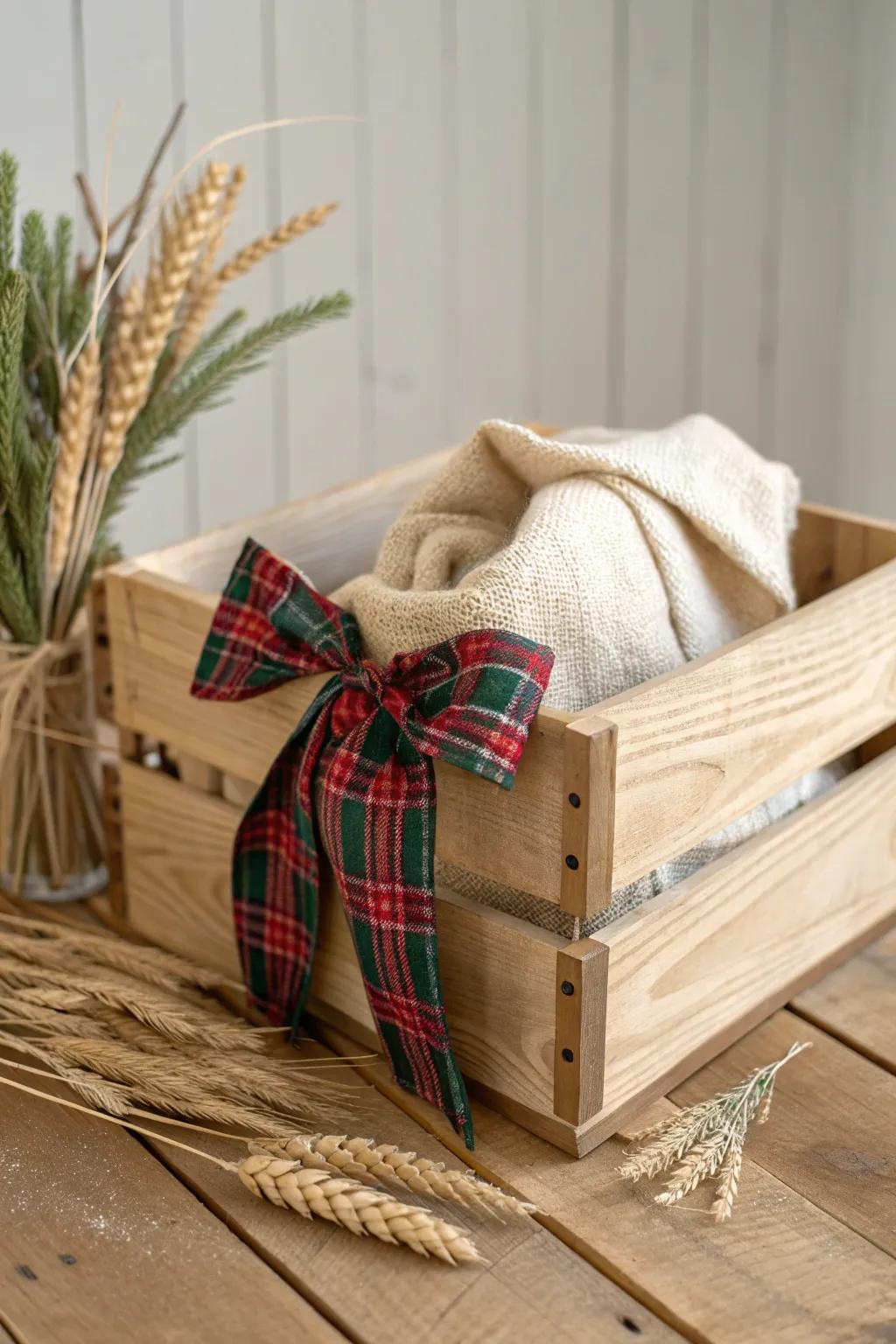 Plaid bow + burlap lining: a cozy, tool-free crate upgrade for effortless Christmas charm.