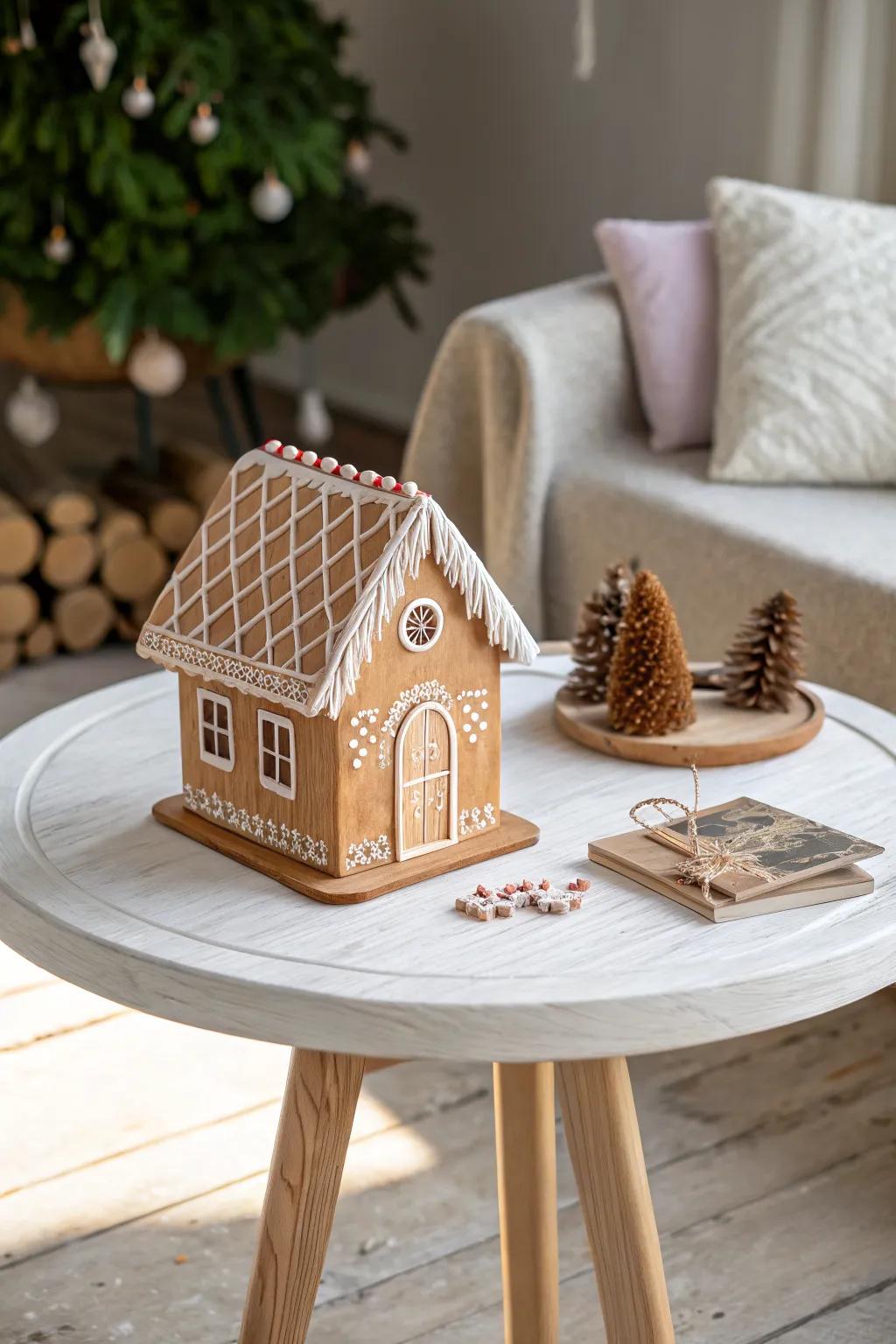 Raw-wood mini display table topped with a tiny gingerbread house—simple, warm, and festive.