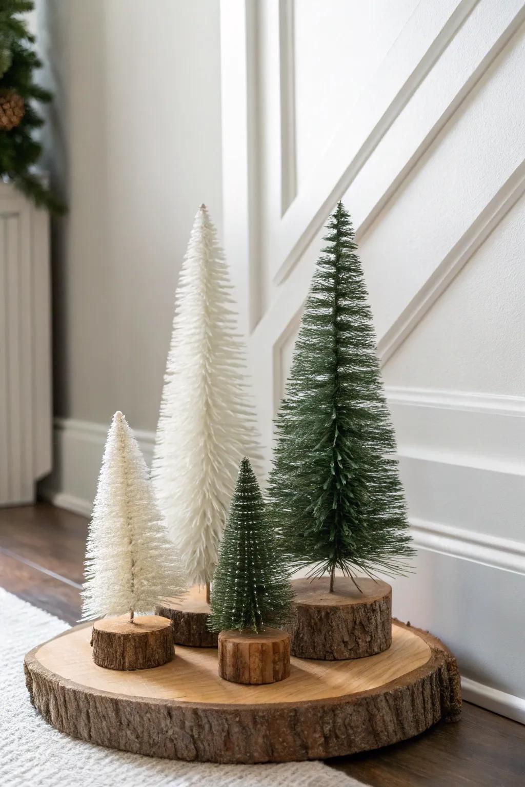 Cluster three mini trees in varied heights and textures for a cozy, forest‑like entry table moment.
