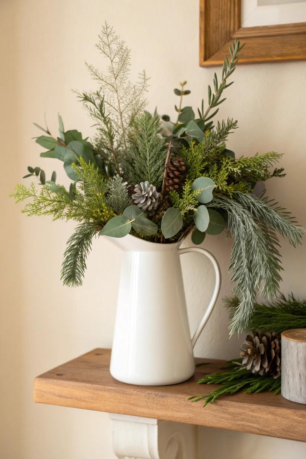 A matte white pitcher overflowing with winter greenery—simple, woodsy, and shelf-perfect.