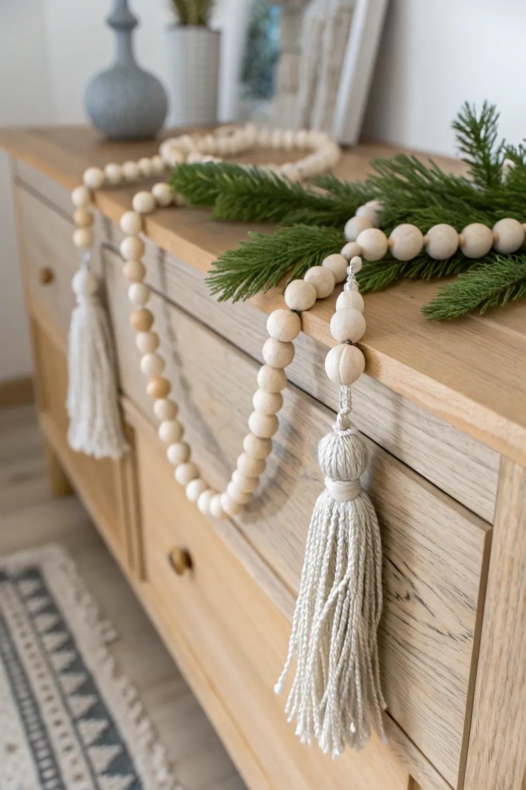 Handmade wood bead garland with linen tassels—simple, warm, and perfectly festive.