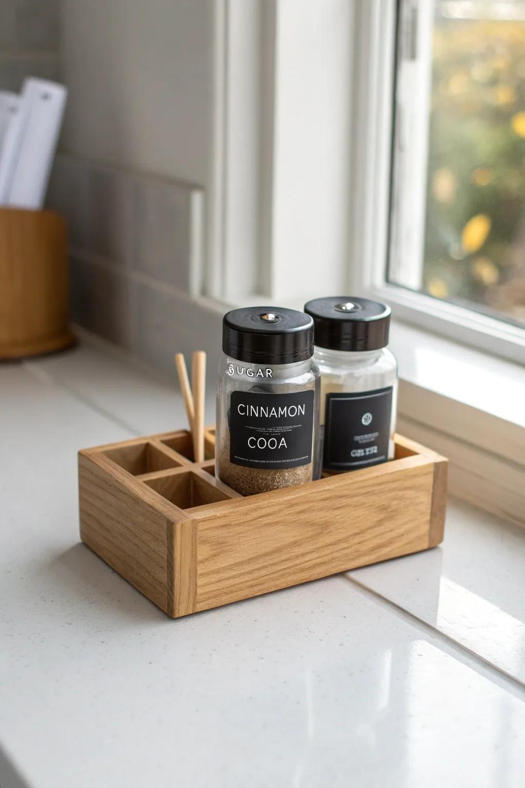 Handcrafted wooden condiment caddy with clear labels—keeps the church coffee line moving.
