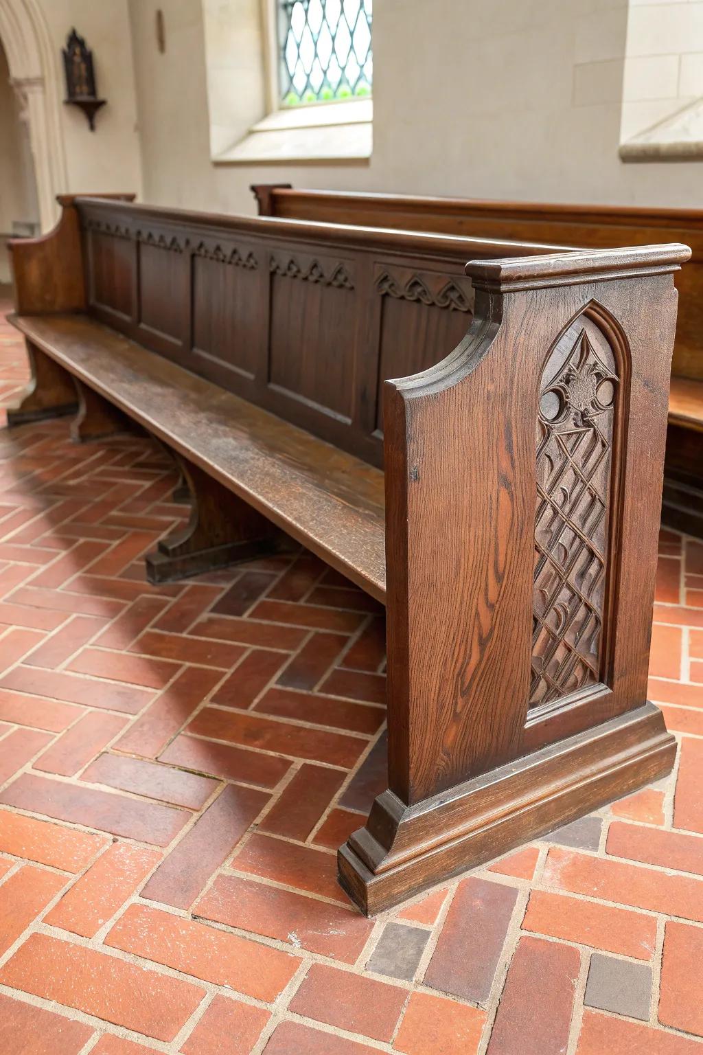 Brick pavers add old‑world warmth under dark wood—timeless church entry flooring idea.