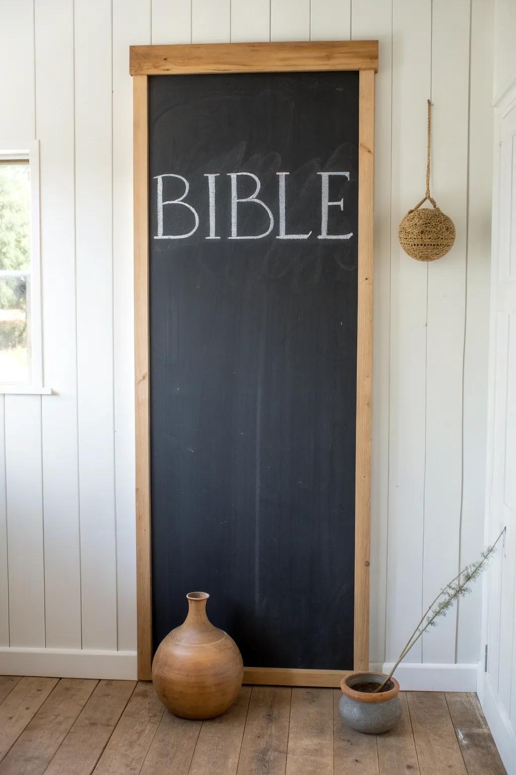 Chalkboard-style verse mural framed in slim oak—minimal, boho-soft, and beautifully bold.