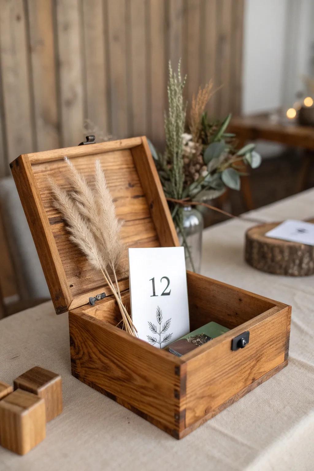 Minimal cigar box centerpiece with built-in table number—simple, sturdy, beautifully handmade.