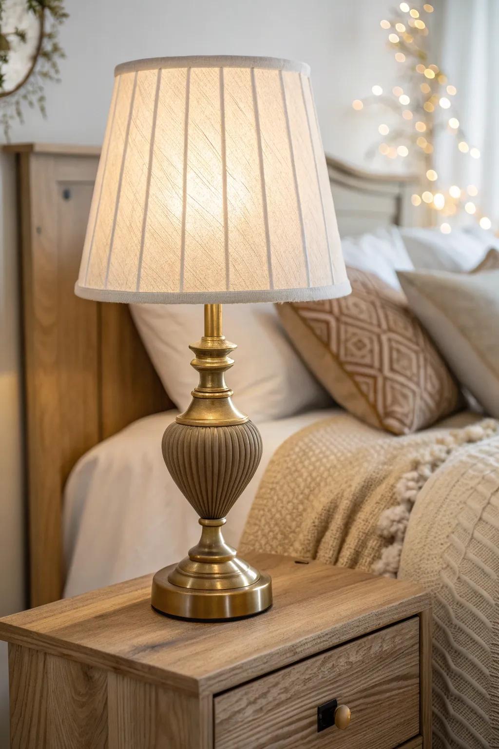 Classic glow: a linen-shaded bedside lamp with warm light against rich oak grain.