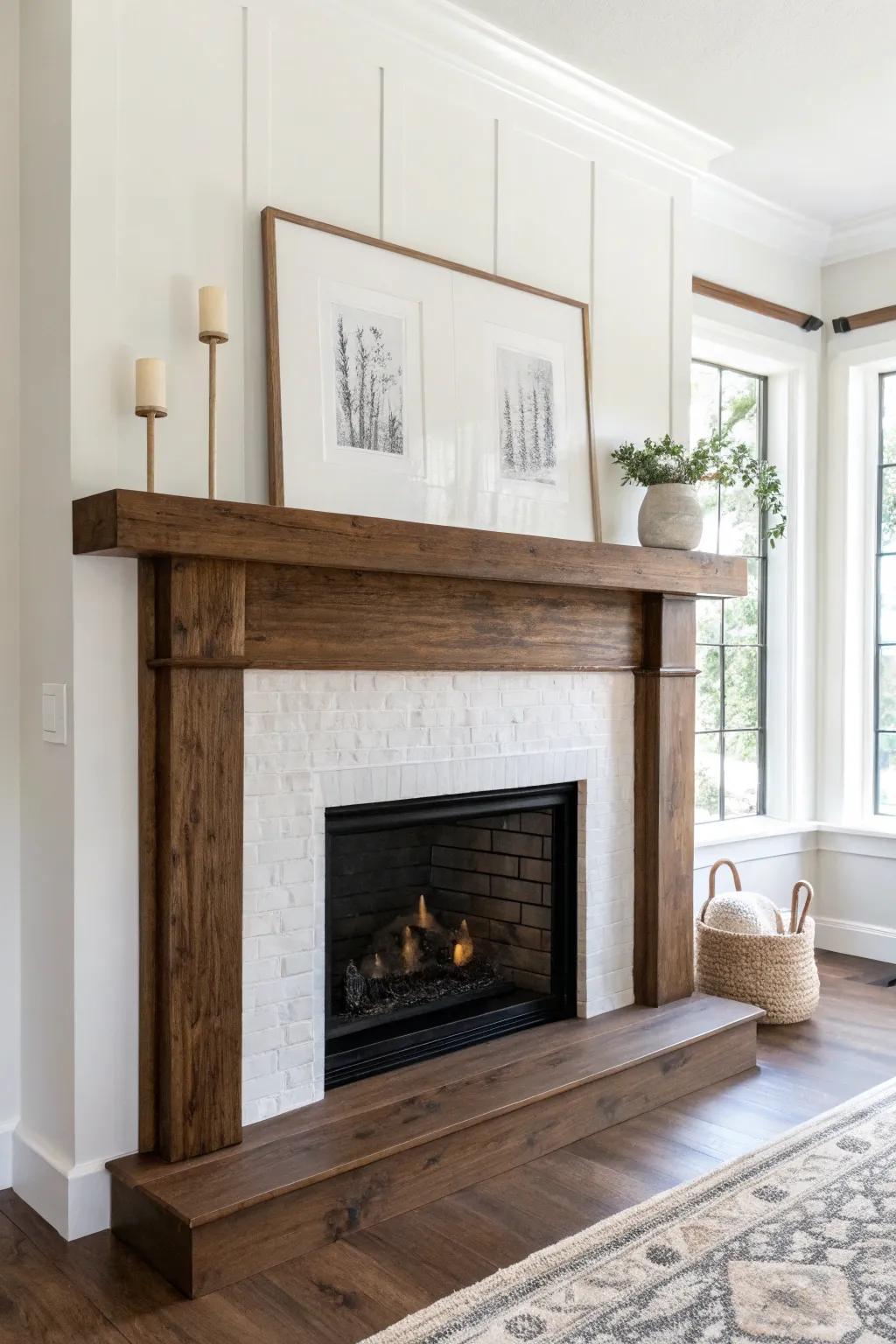 Dark-stained chunky wood mantel—an effortless club-lounge statement for a minimalist fireplace.