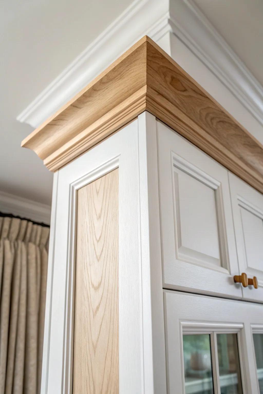 Crown molding to the ceiling turns simple uppers into a timeless, built‑in classic.