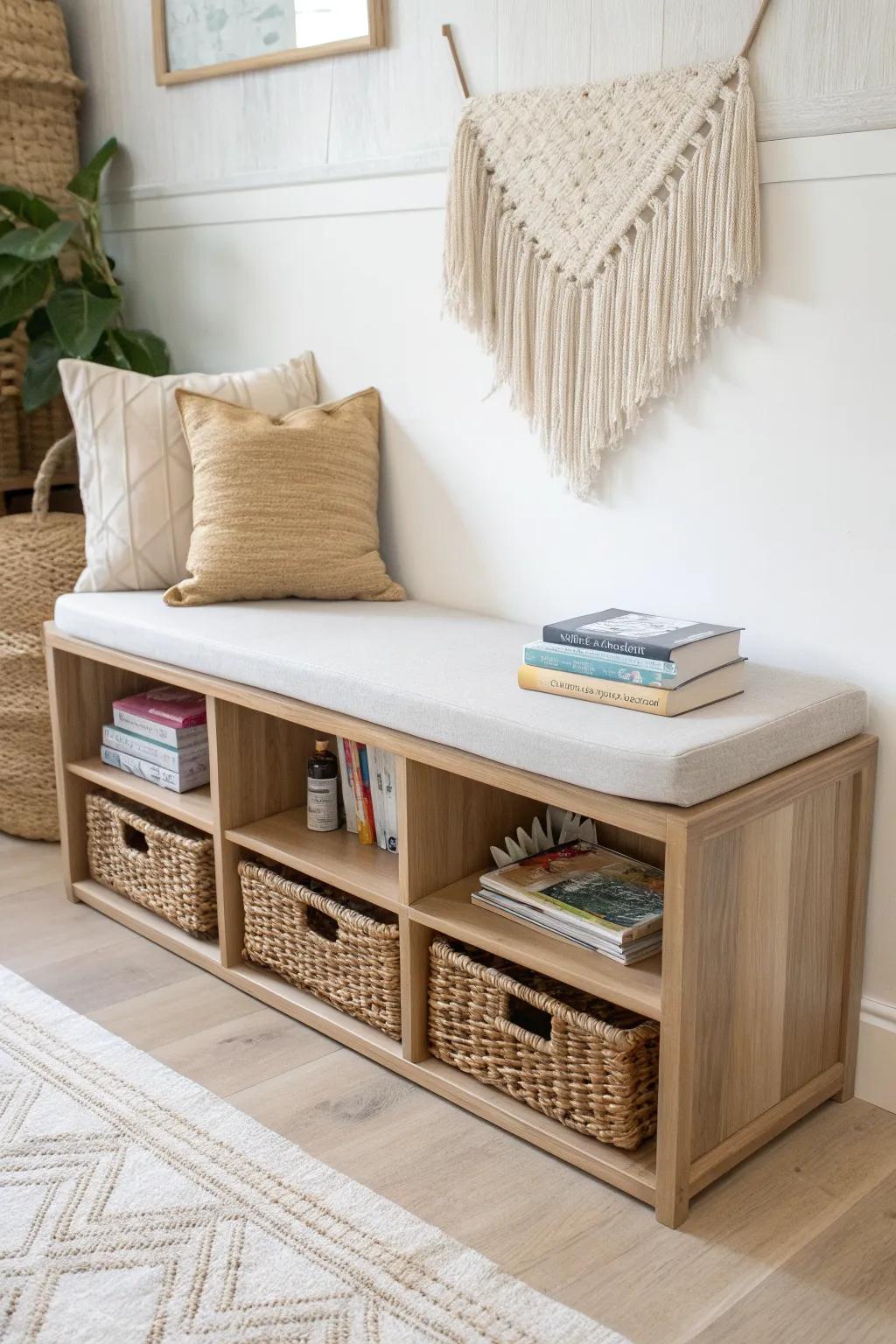A sturdy oak reading bench with under-cubby storage keeps classroom books tidy and cozy.