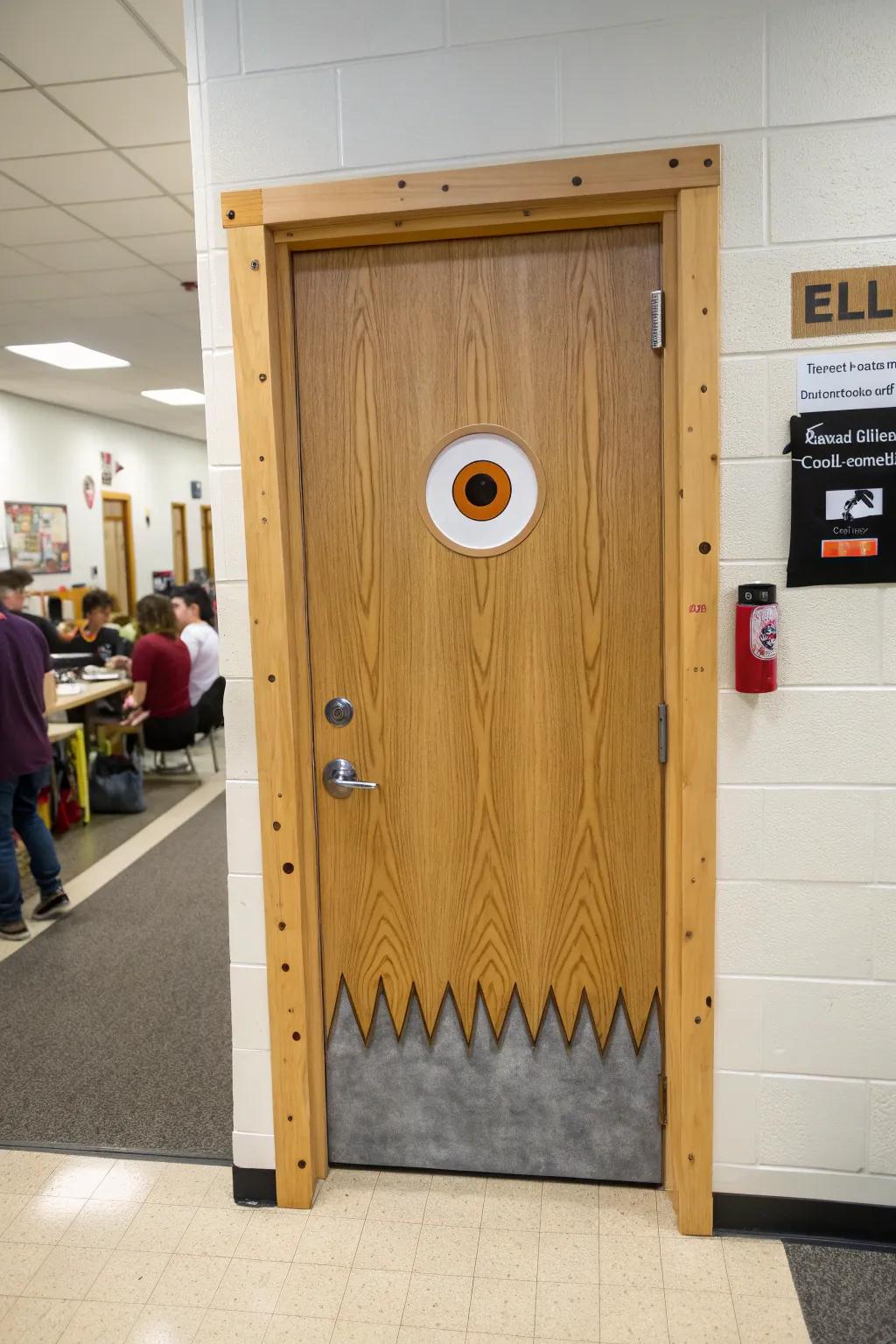 A goofy one-eye monster door with cozy fur texture and sweet wooden dowel teeth—October fun.