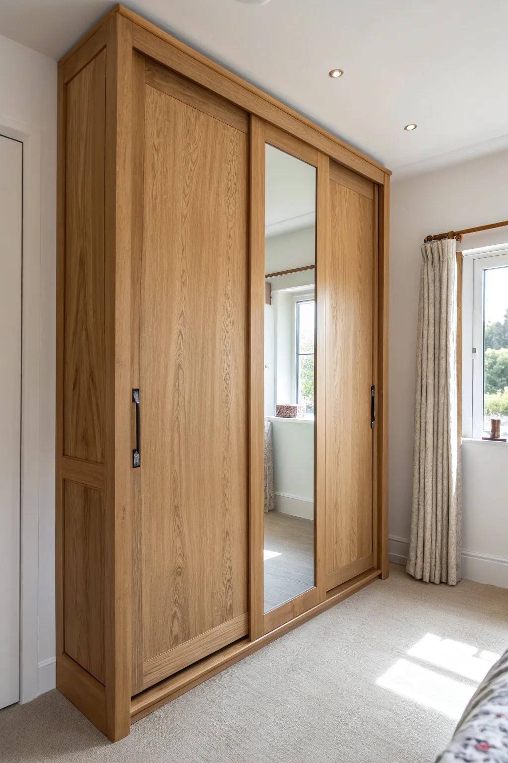 Light oak door with a mirrored insert—handmade warmth with a small-space, room-expanding glow.