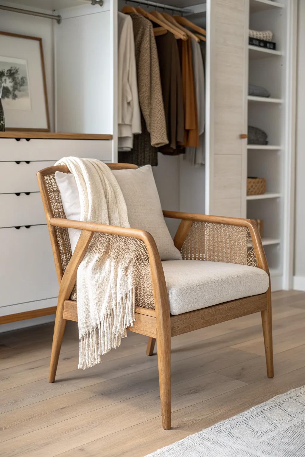 Turn an unused closet corner into a cozy moment with a compact wood-framed accent chair.