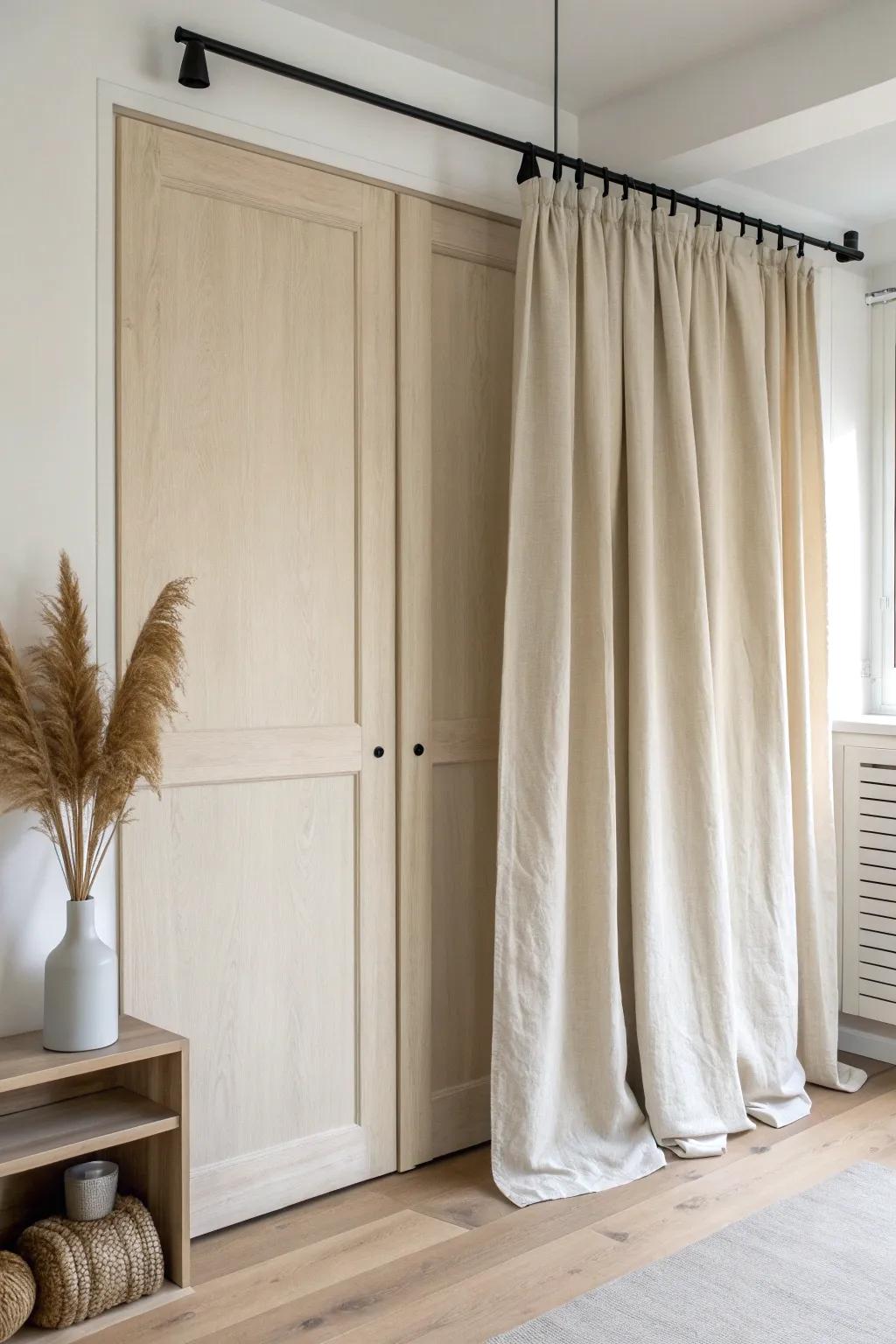 Swap closet doors for a luxe linen curtain—soft, simple, and instantly more serene.