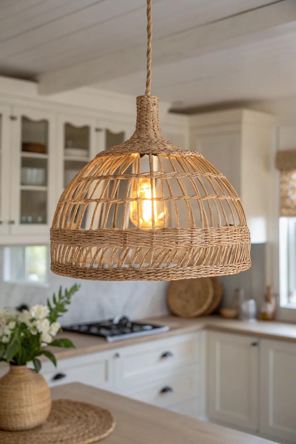 Woven rattan pendant light adds warm, beachy texture over a pale oak coastal kitchen island.