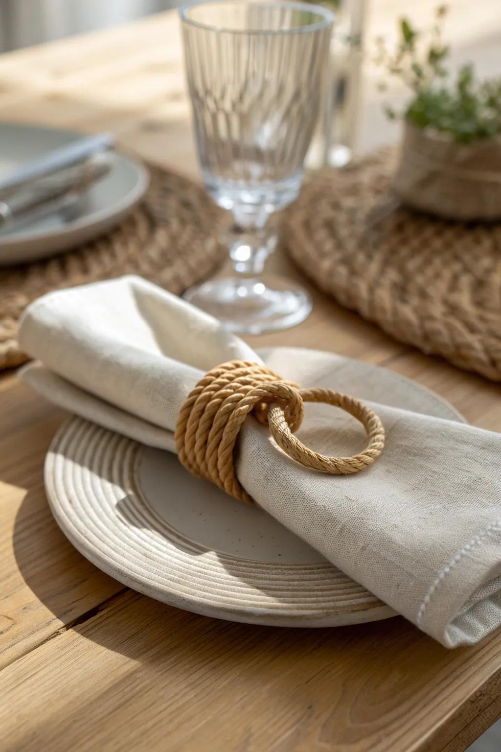 DIY rope-wrapped napkin ring: simple coastal charm with warm wood and natural linen.