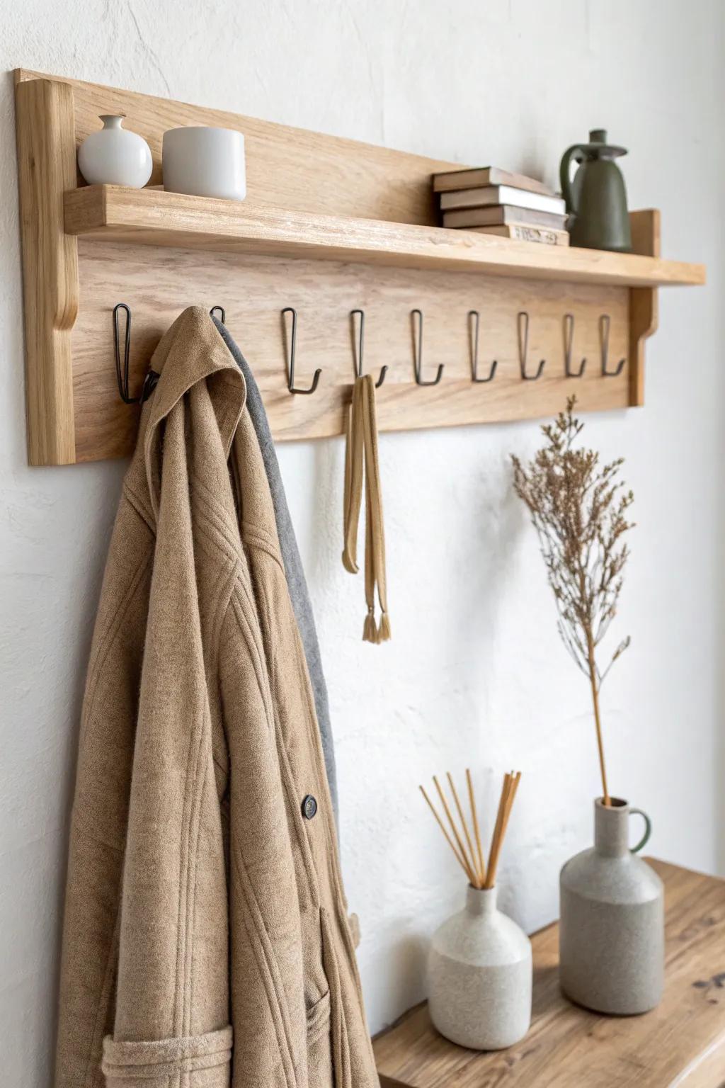 Sleek flip-down wooden hooks that fold flat—perfect for tight hallways and clean lines.