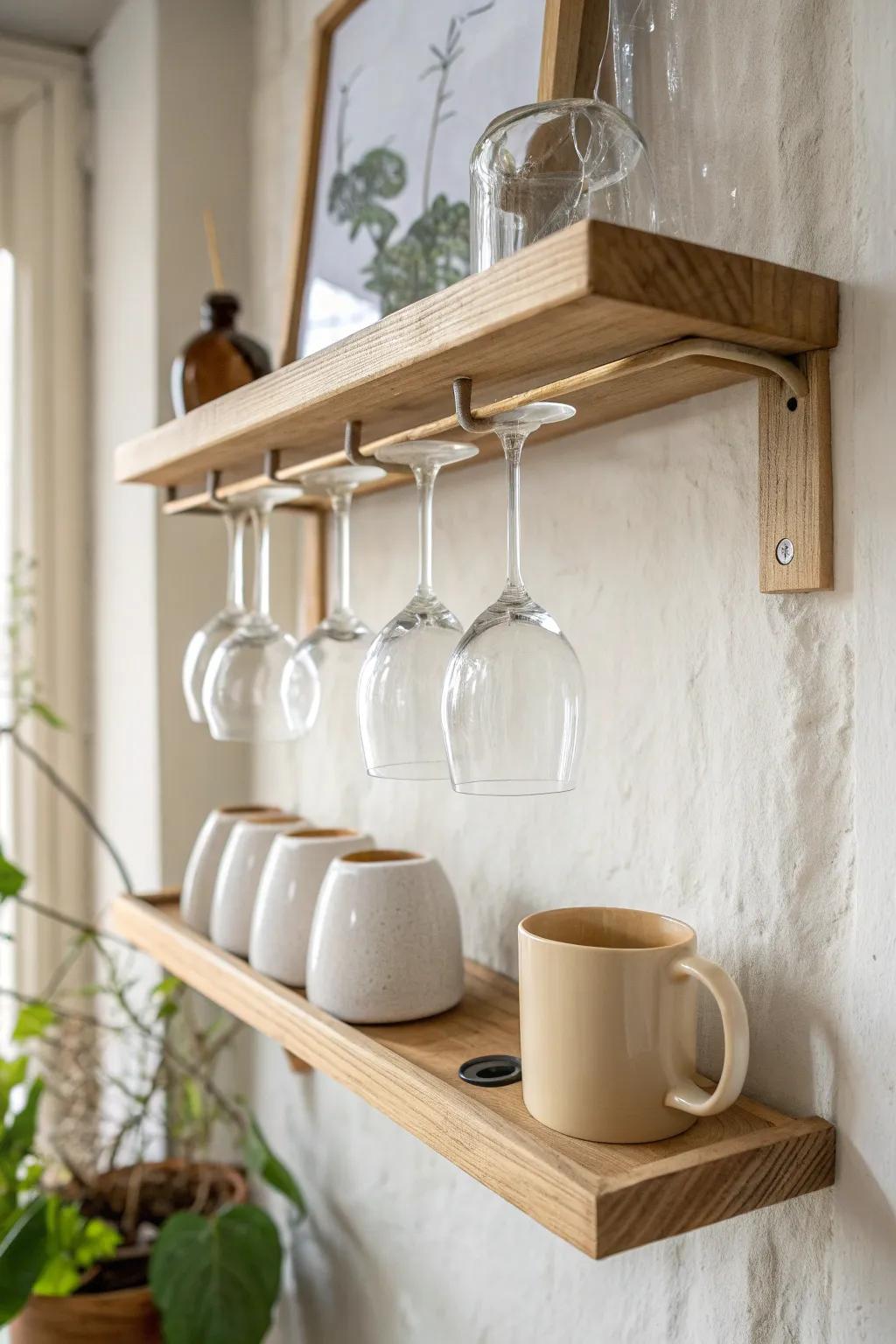 Slim stemware rack + simple mug rail—double the bar storage without visual clutter.