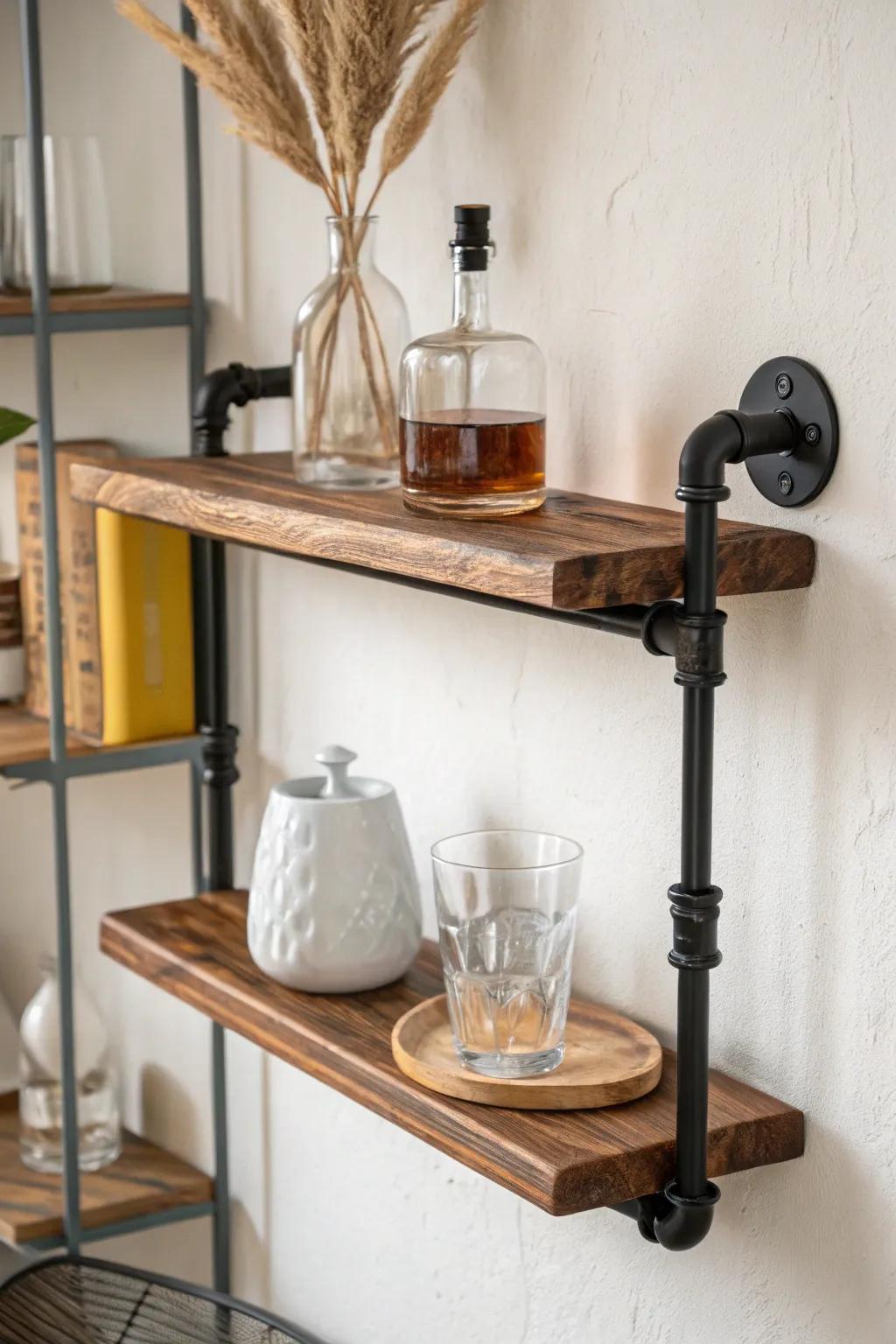 Walnut pipe shelf bar: matte black brackets, warm wood grain, coffee + whiskey in one spot.