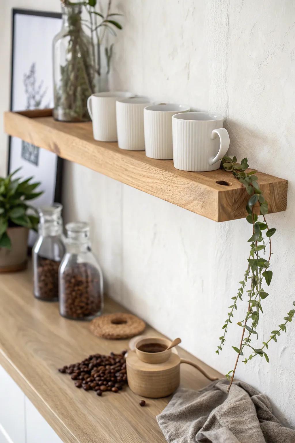 Minimalist floating shelf behind the bar—warm oak, hidden brackets, and calm café styling.