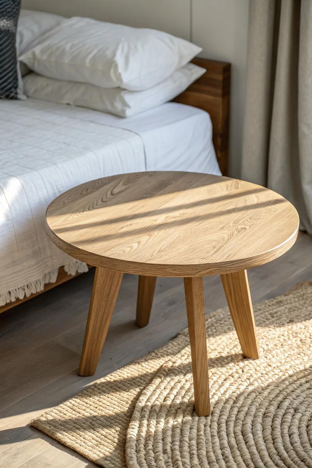 A round oak coffee table softens tight bedroom walkways—no sharp corners, just calm craft.