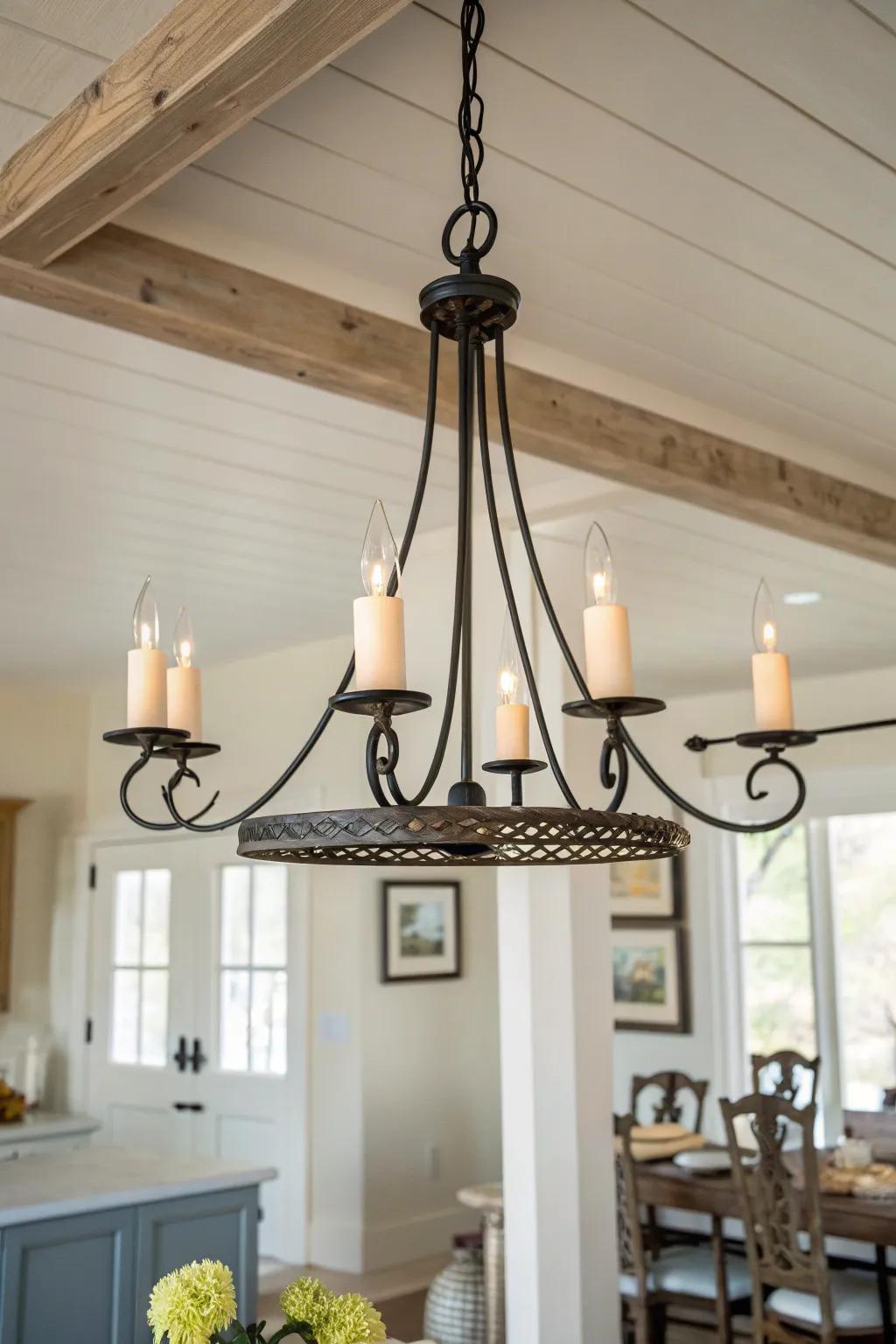 Old-world candlelight charm: an iron chandelier that elevates any colonial dining room.
