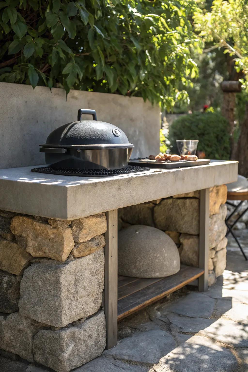 Elevate your outdoor cooking with the perfect blend of concrete elegance and rustic stone charm.