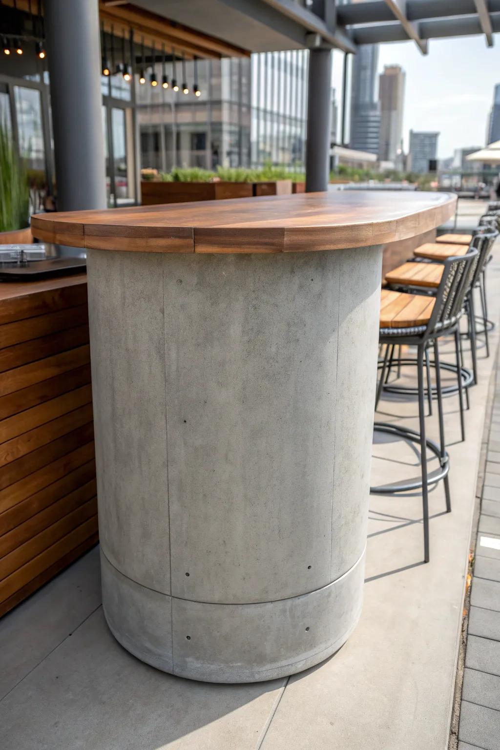 Elevate your outdoor space with this stylish concrete and wood bar, where modern design meets craftsmanship.