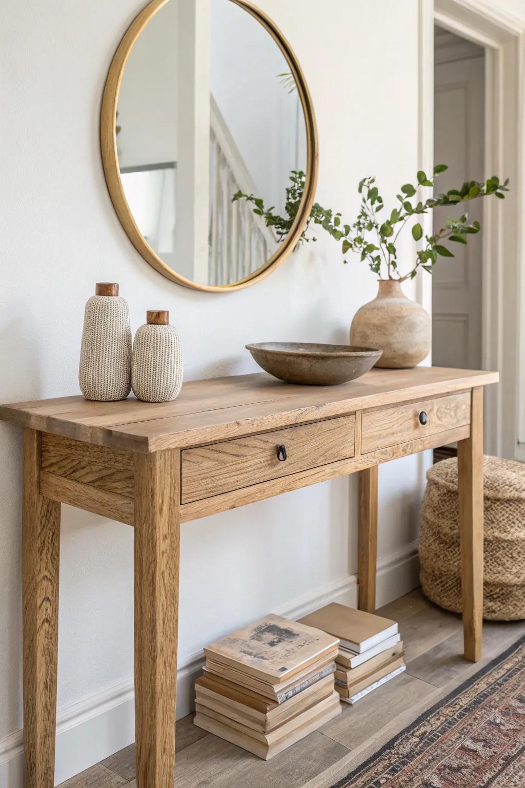 A curated book stack under the mirror adds height—finished with a small ceramic bowl.