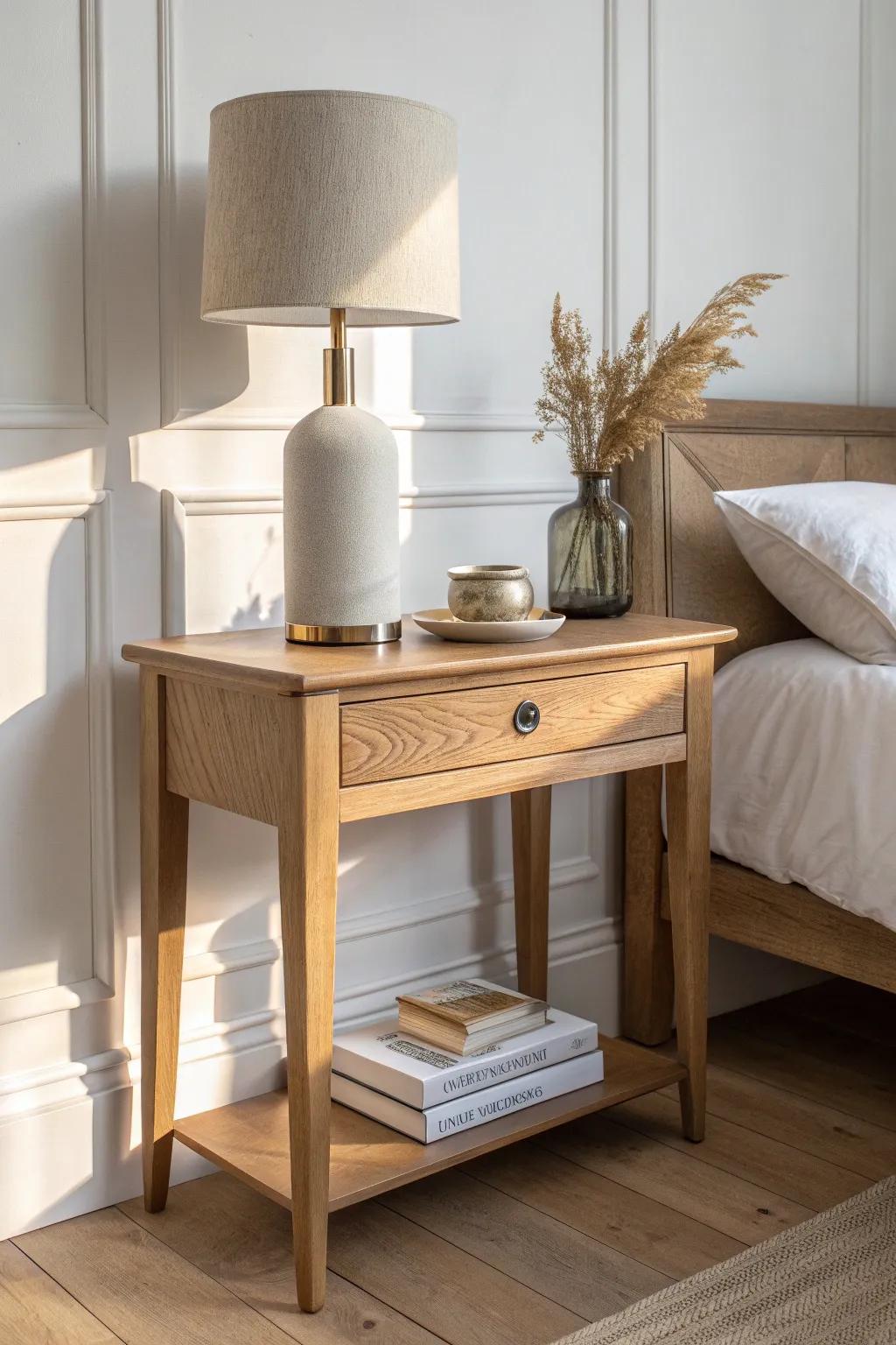 A slim console table doubles as an oversized nightstand—more space for lamp, books, and jewelry.