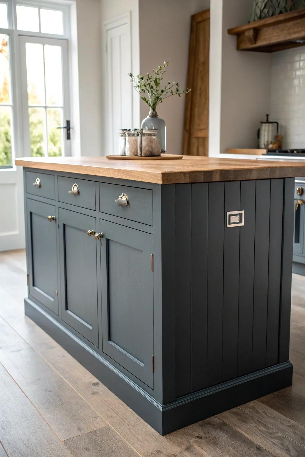 Two-tone gray done right: lighter perimeter, deeper island—soft contrast with a warm oak top.