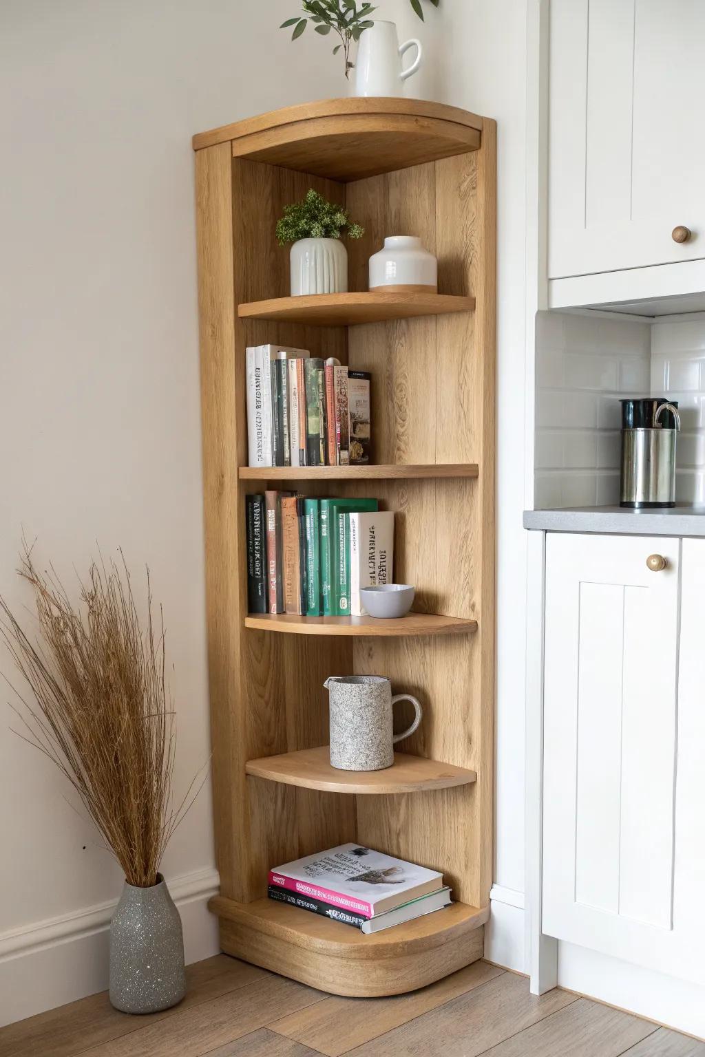 Turn an awkward corner into a cookbook moment with warm oak floating shelves and clean lines.