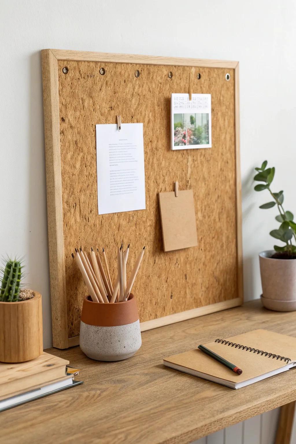 Desk-side cork wall with a handmade floating shelf for pens, notes, and a tiny plant.
