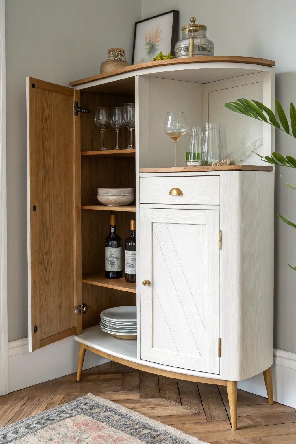 Two-tone painted corner bar cabinet: creamy base, warm wood top, instant thrifted charm.