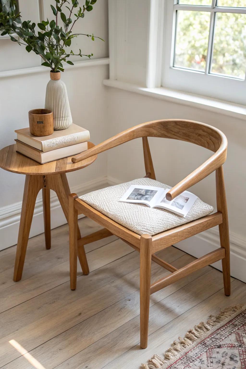 A cozy corner chair + tiny round table—simple, handcrafted, and instantly vignette-ready.