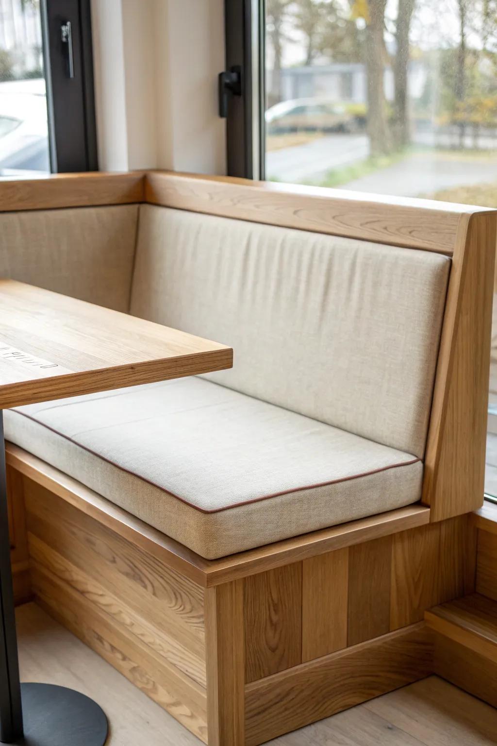 Upholstered back + warm oak = a cozy corner booth that feels custom and crafted.