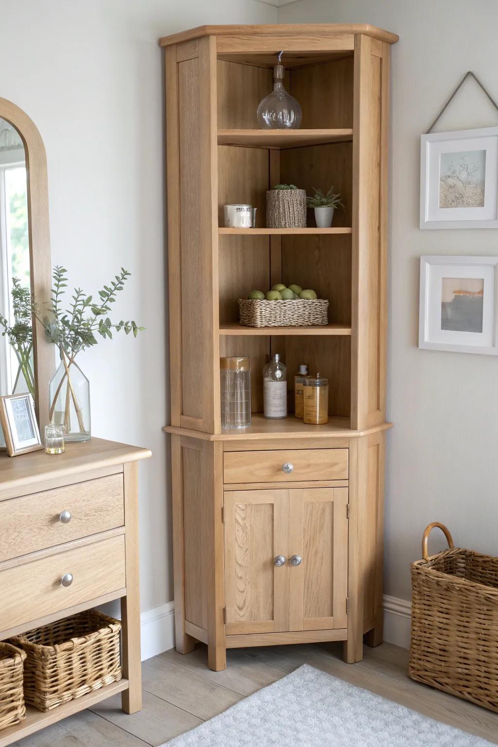 Go vertical: a slim oak corner hutch keeps perfumes and baskets tidy without crowding.
