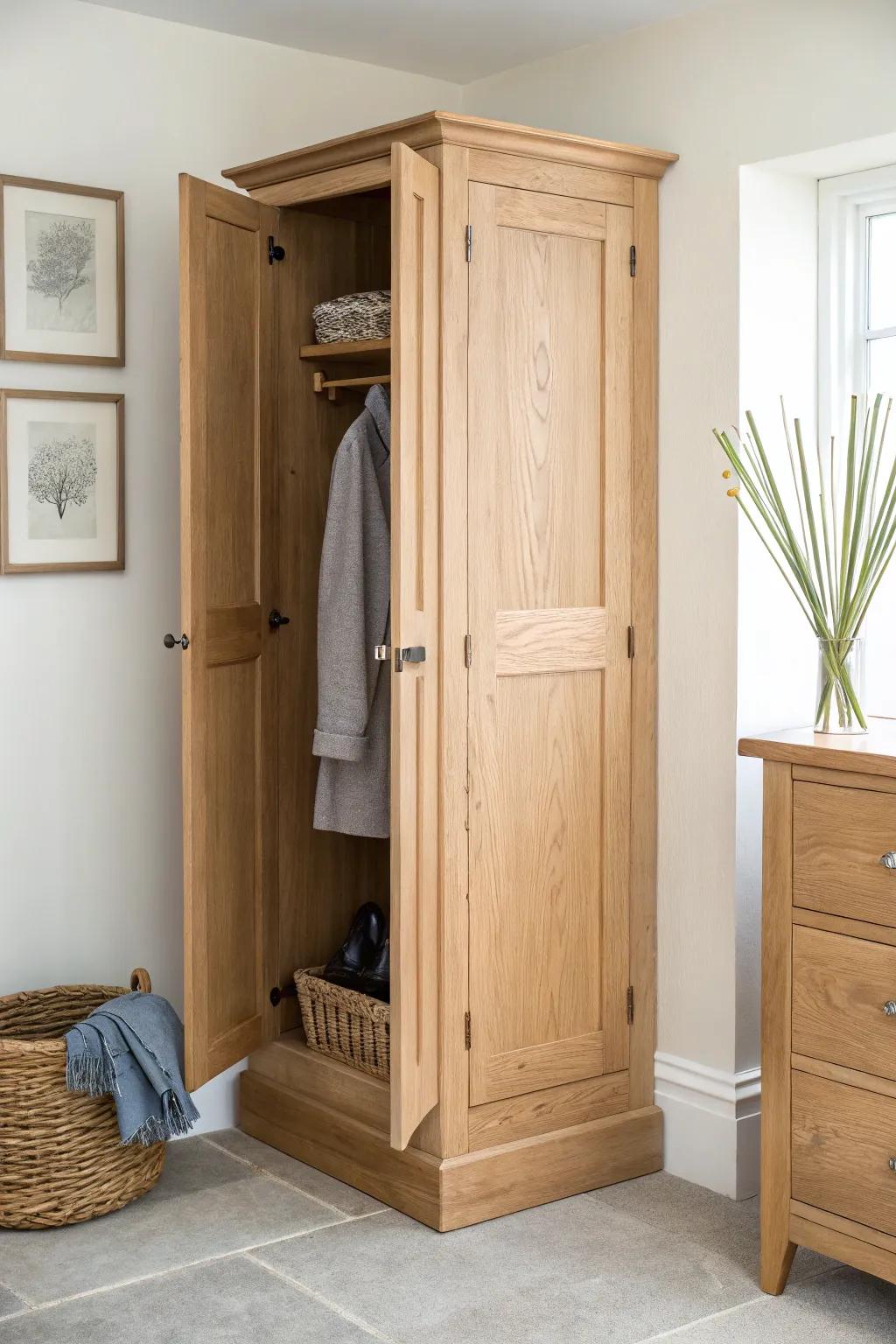 A slim oak corner locker tower turns an awkward mudroom corner into custom storage.