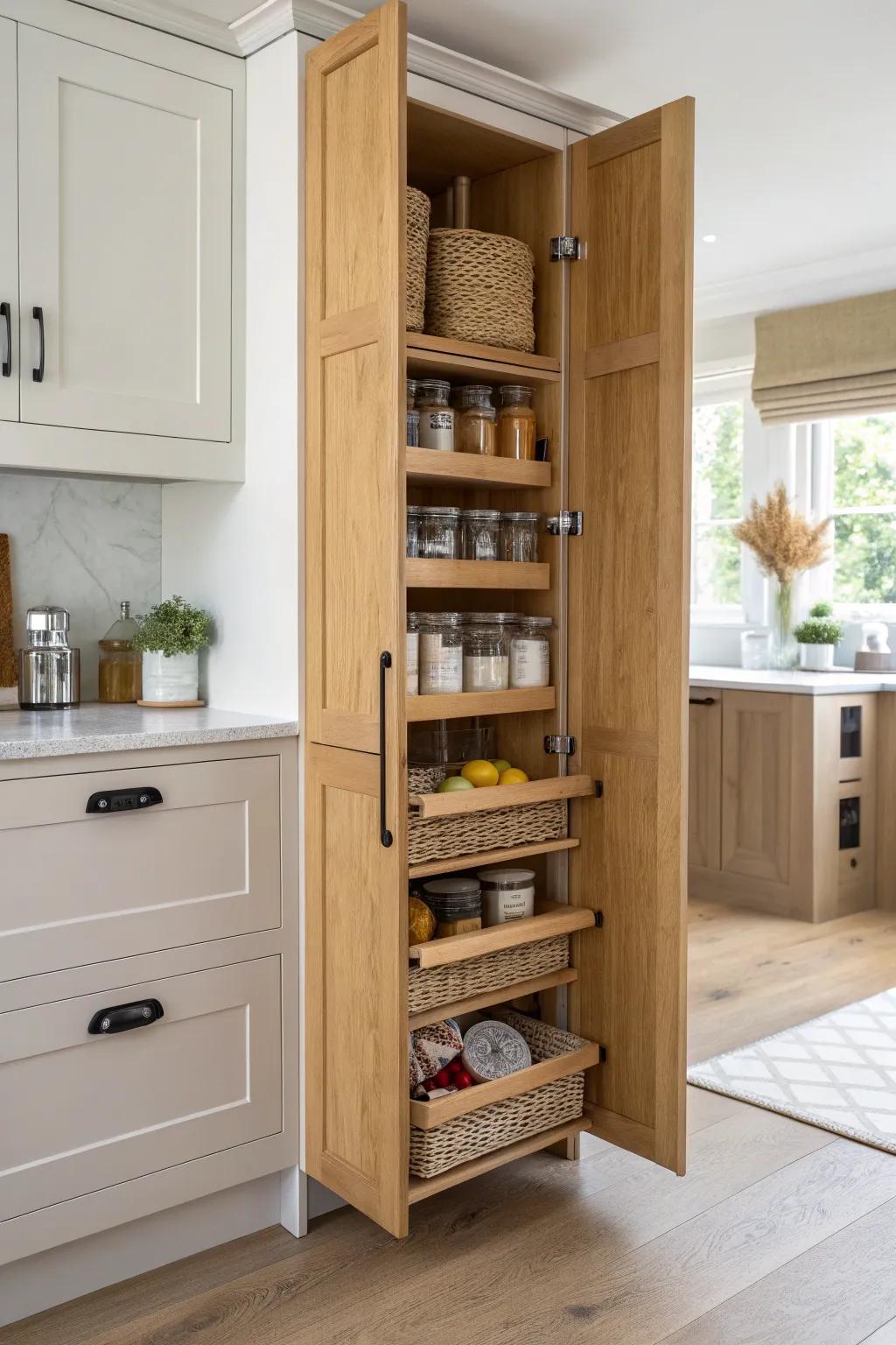Pull-out corner pantry shelves bring everything forward—beautifully organized, no more lost jars.