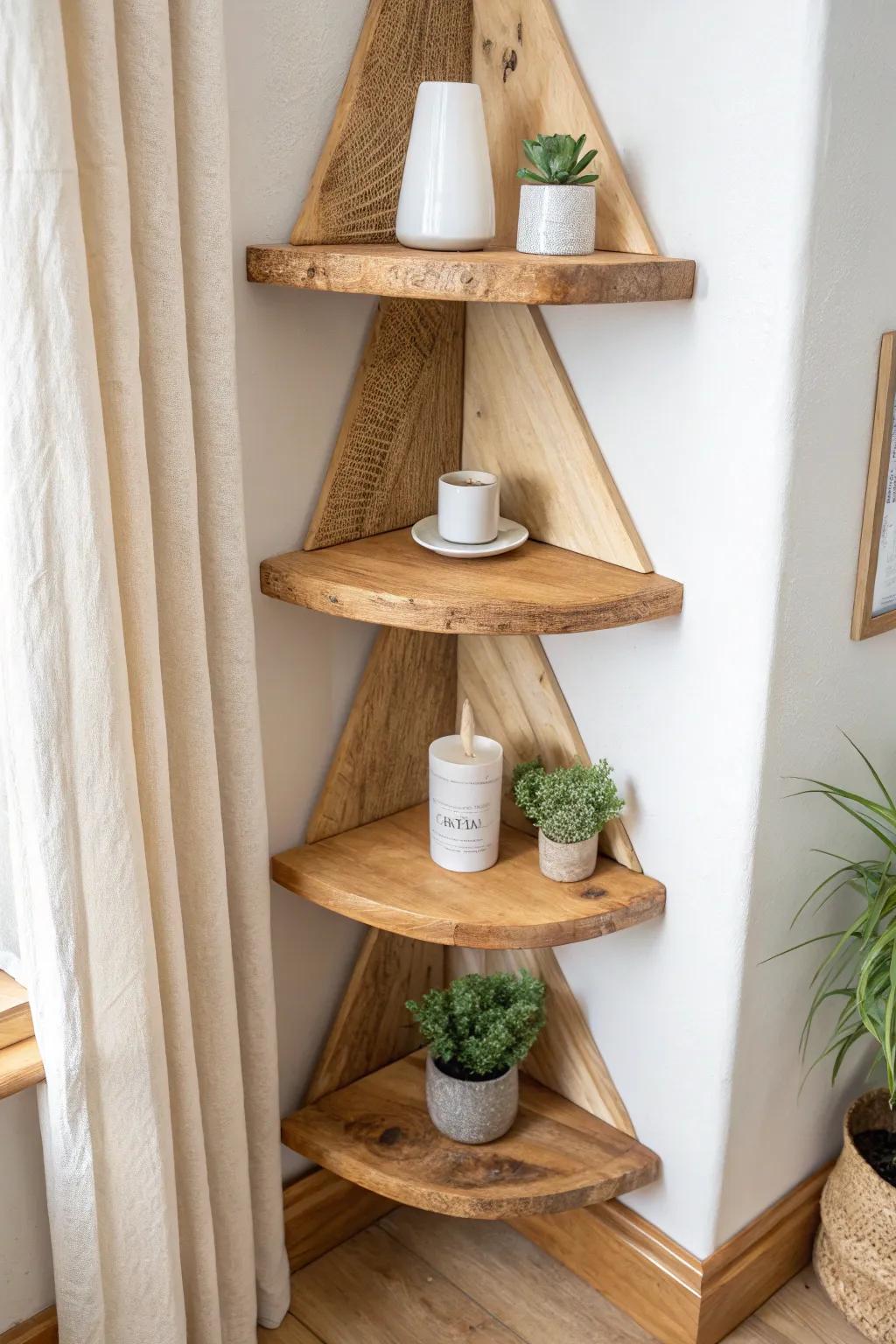 Live-edge corner shelves that soften sharp angles with warm grain, knots, and Scandinavian calm.