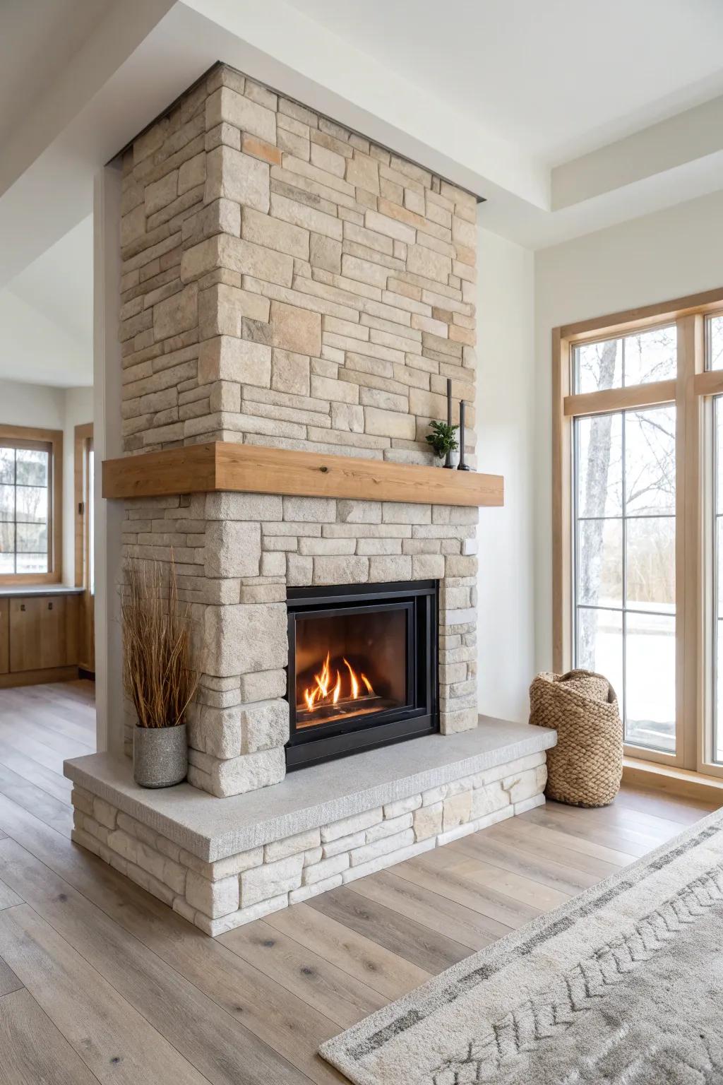 Stone + brick corner fireplace for a cozy, collected look—minimal, warm, and richly textured.