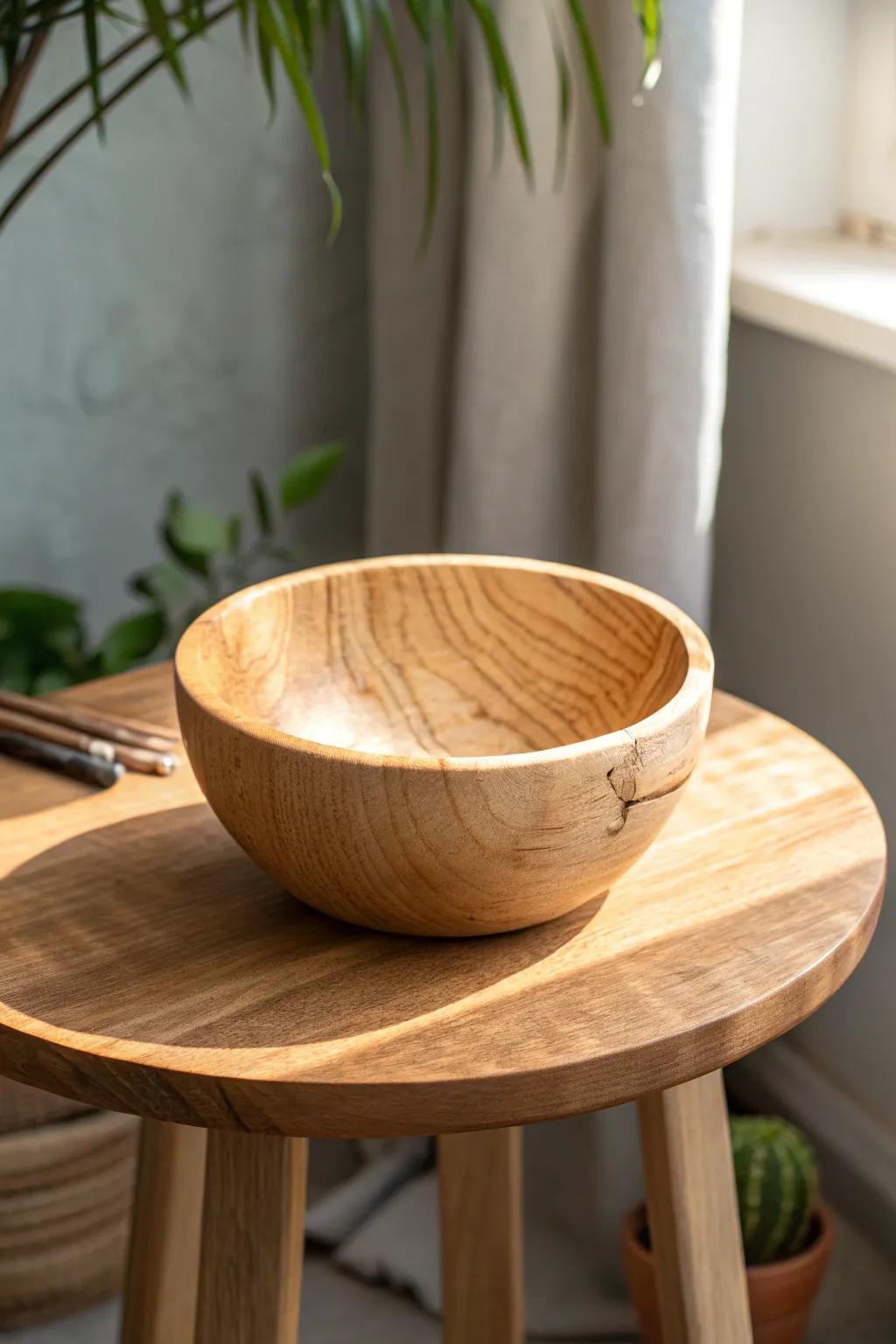 Handturned wooden catch-all bowl—an elegant entry corner table staple for keys and change.