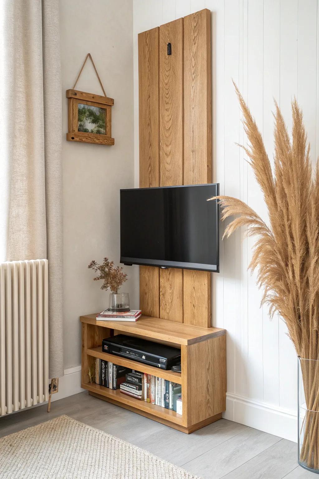 Oak backboard + slim corner shelf for a clean TV frame and hidden cables—minimal, warm, handmade.
