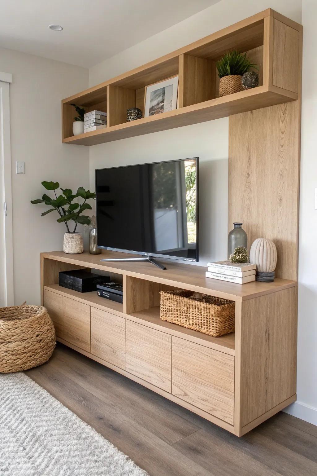 Built-in corner media wall in light oak—custom look, clean lines, soft boho warmth.