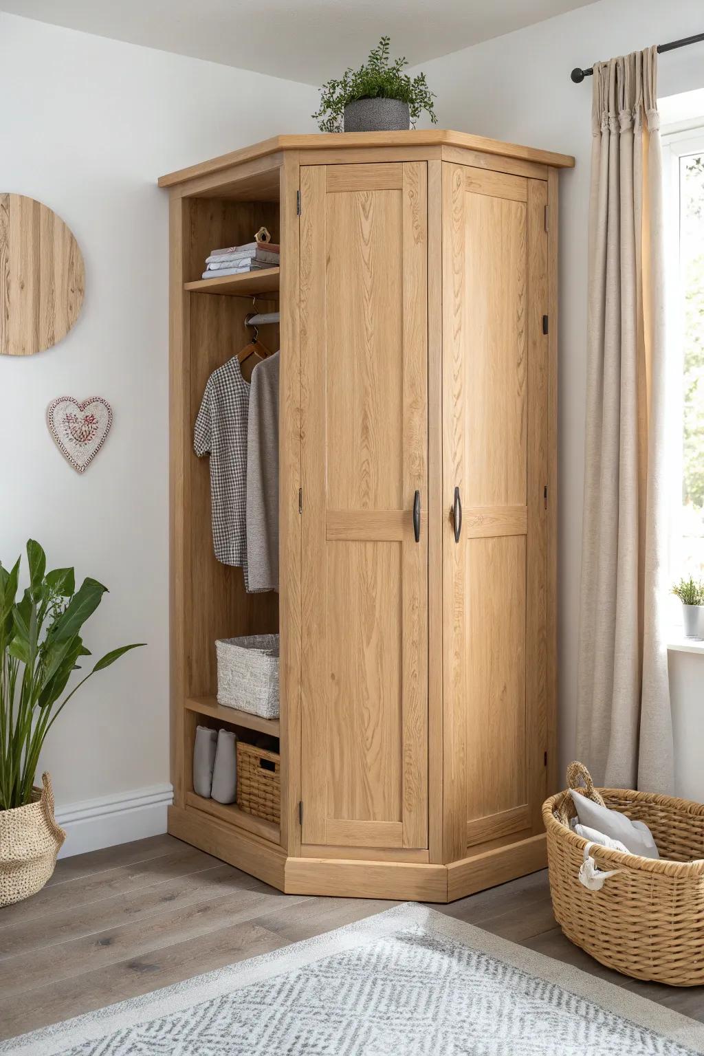 A flexible freestanding corner wardrobe in light oak—minimal, warm, and beautifully finished.