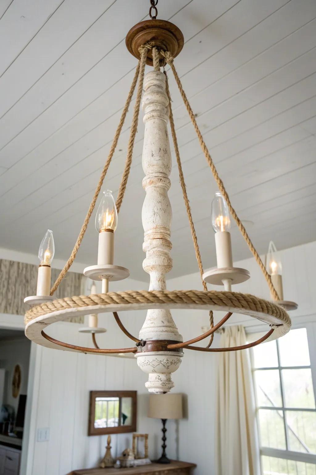 Turned spindle column chandelier in creamy distressed paint—pure cottage charm with crafted warmth.