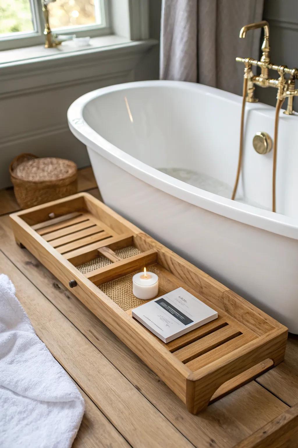 A waterproof wooden bath tray for slow cottagecore soaks—minimal, warm, and beautifully made.