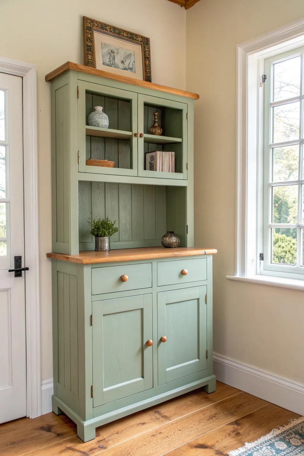 Creamy walls + a muted sage hutch make warm wood tones feel richer and more intentional.