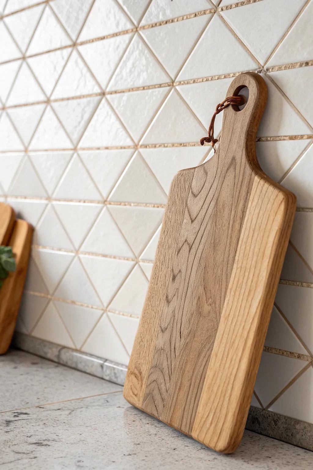 Diagonal tiny square tiles make a cottage backsplash feel timeless behind warm oak.